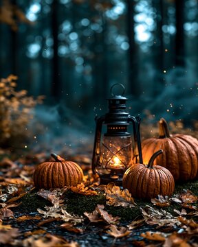 Lantern and pumpkins glow in autumn forest with mystical blue light vibes