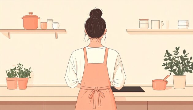調味料の瓶が並ぶ台所に立つ人物の後ろ姿のシンプルな手描きイラスト