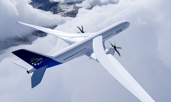 electric powered commercial Aeroplane flying in the sky - future electro energy aviation concept.