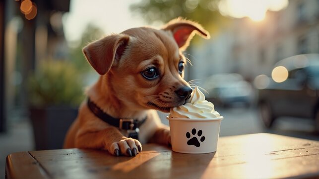 Small brown puppy licking whipped cream from cup at outdoor cafe table. Dog eating puppuccino treat
