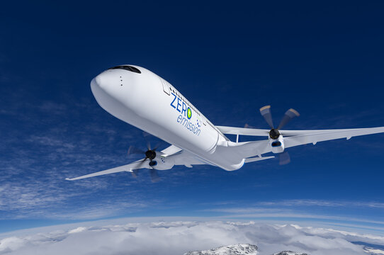 electric powered commercial Aeroplane flying in the sky - future electro energy aviation concept.