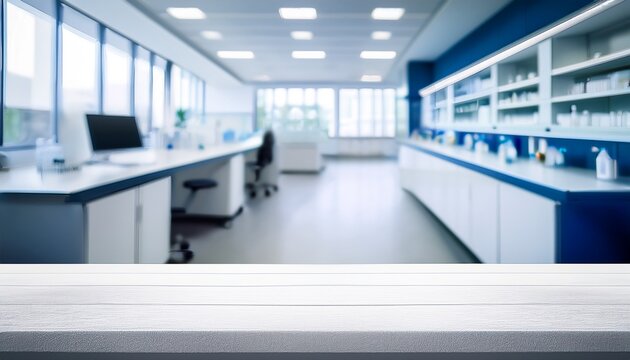 modern laboratory background with empty table blurred lab interior with empty white table for product display