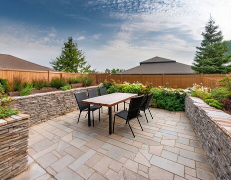 beautiful outdoor patio area table four landscaped with retaining wall and pavers