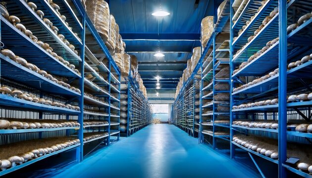 rows of cultivated mushrooms growing densely on blue metal shelving units inside a controlled agricultural facility