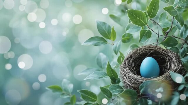 A natural woven bird nest containing a single smooth blue egg rests among fresh green leaves. Ai generated