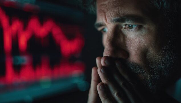 Worried male stock trader holding hands to face while looking at declining red graph screen in dark office