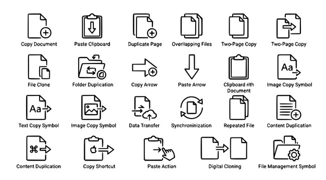 Modern copy paste and duplicate icons with clipboard document file management and digital interface vector set