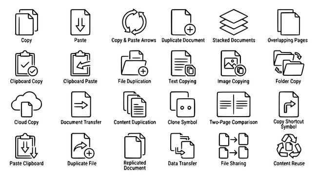 Copy paste and duplicate icon set with document clipboard file transfer and digital editing editable vector symbols