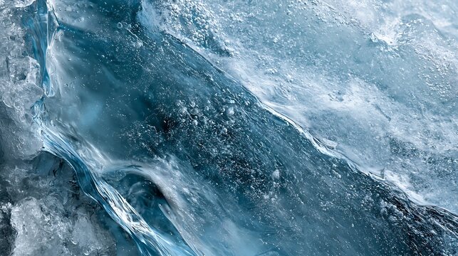 Close up view of ancient blue glacier ice with texture and frozen air bubble