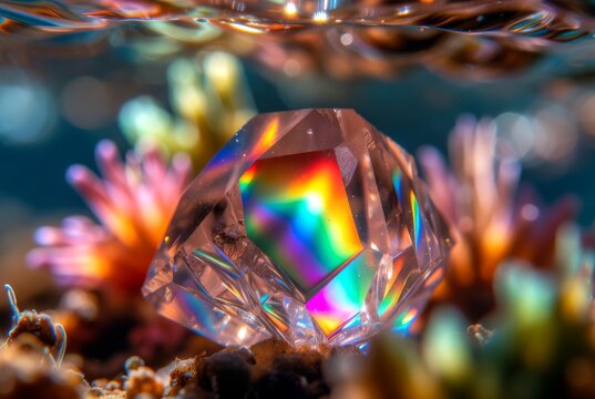 Cristallo magico con riflessi arcobaleno su una colorata barriera corallina sottomarina