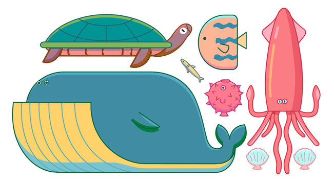 Cute Sea Animals Collection &ndash; Colorful Marine Life Vector Illustration