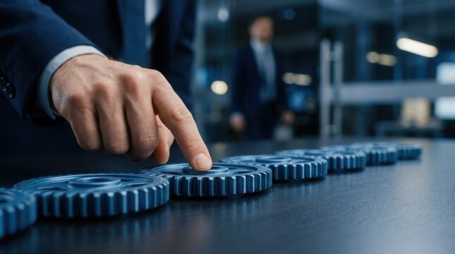 Strategy alignment and change management transformation depicted by a hand adjusting a metal gear on a table for process optimization.