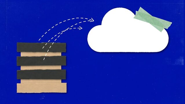 Cloud computing concept with paper cutouts, data server migration to cloud storage, handmade craft illustration on blue background