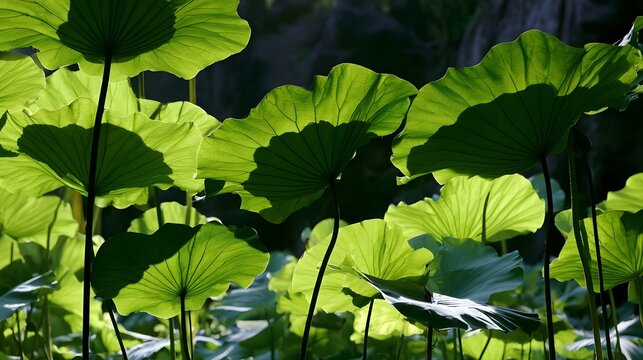 Sunlight filters through large green lotus leaves casting dramatic shadows in a tranquil pond environment