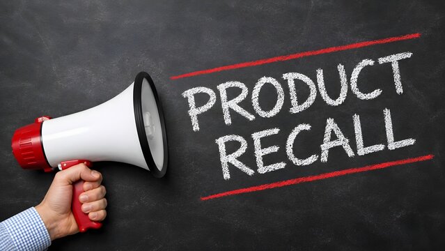 Hand holding a megaphone announcing a product recall written in white chalk on a black chalkboard background for business safety warnings