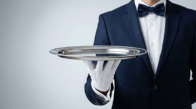 A silver serving tray held by a waiter wearing white gloves, empty and ready
