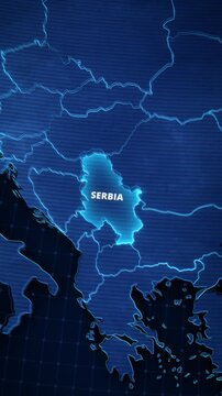 Vertical map animation highlighting Serbia, Europe with a glowing blue neon border, ideal for short-form mobile travel promos.