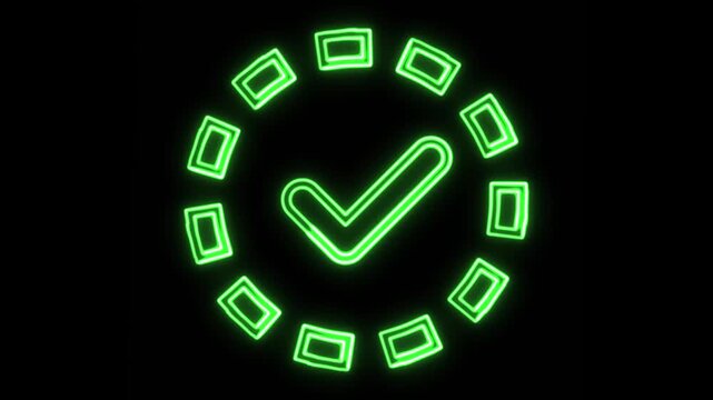 Animated green neon checkmark icon appearing within a rotating circular frame on a dark background, signifying completion or approval.