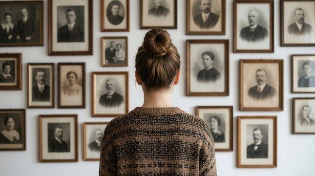Evoking lineage, memory, and genealogy, a person views a family tree display of ancestor photographs on a wall.