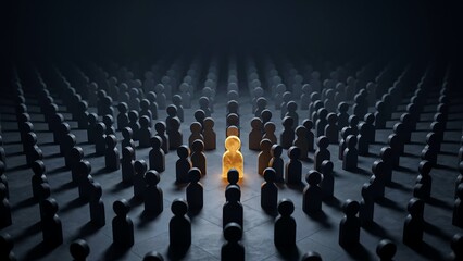 Obraz premium Glowing unique figure standing out from a dark crowd, leadership and individuality concept, glowing person among dark silhouettes