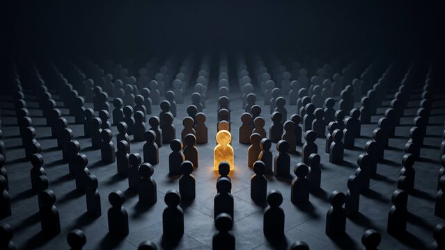 Glowing unique figure standing out from a dark crowd, leadership and individuality concept, glowing person among dark silhouettes