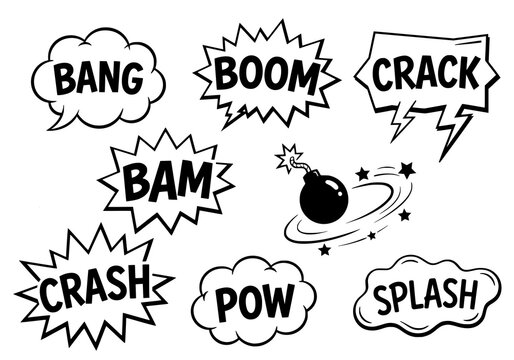 Hand-drawn comic book sound effects explosion impact words for dynamic action scenes