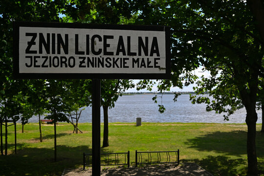 Vintage station sign of Żnin Licealna on the local narrow-gauge railway by Little Żnin Lake