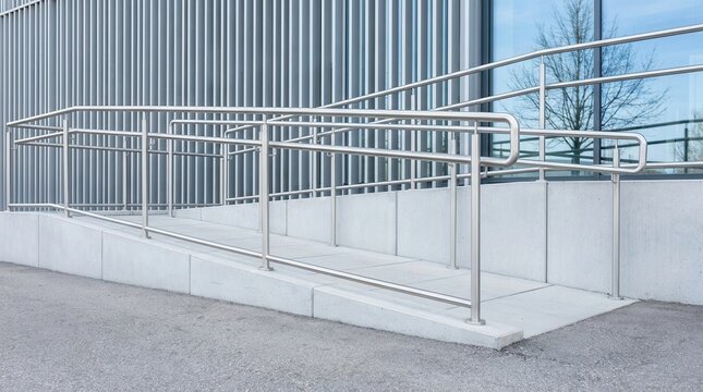 Metal handrails and an accessible ramp on a modern building exterior