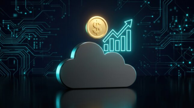 Financial governance, budget control, and spend visibility for FinOps v2 cloud cost optimization shown via a cloud icon, glowing coin, and chart.