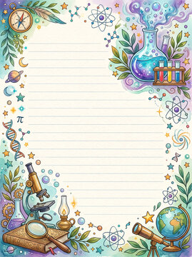 Science border with microscope globe and chemistry flask on lined page design