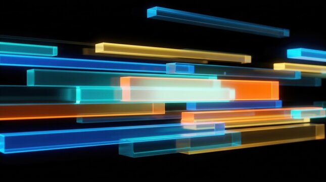 Abstract streaks of colorful light bars on a black background, symbolizing technological shift, integration, speed, data flow, and digital transformation process.