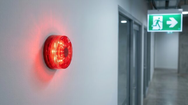 Building evacuation and fire protection equipment with a flashing red emergency alarm beacon and green exit sign on a wall.
