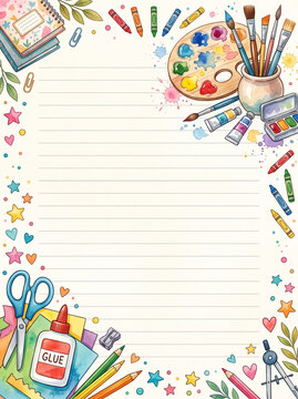 Art supplies border with paint palette brushes crayons and scissors on lined page design