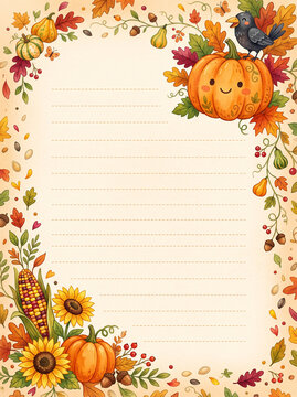 Cute pumpkin with crow sunflowers and corn on autumn harvest lined page design