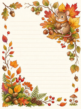 Cute mouse with autumn leaves acorns and mushrooms on lined page design