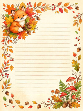 Cute fox with autumn leaves acorns and mushrooms on lined page design