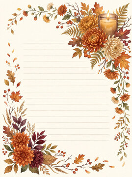 Autumn flowers with candle and leaves on elegant lined page design