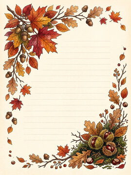 Autumn leaves with acorns and chestnuts on lined page design