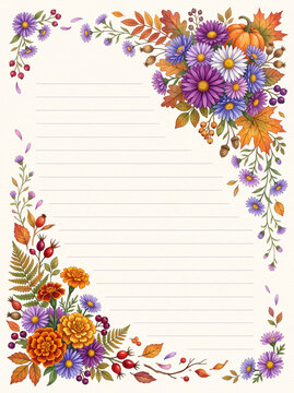 Autumn flowers with purple asters marigolds and pumpkin on lined page design