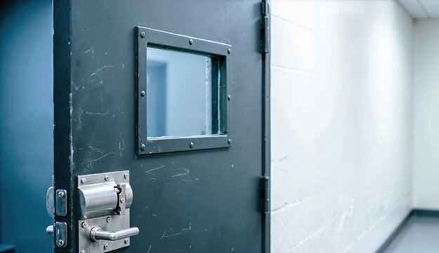 Slightly open dark prison cell door with brushed steel lock. Scratched metal door with small window in a clean correctional facility