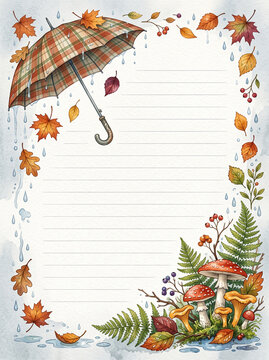 Plaid umbrella with autumn leaves mushrooms and rain on lined page design