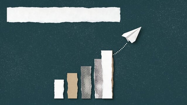 Minimalist business growth graph with paper plane, rising bar chart on dark background, creative startup success and financial progress concept