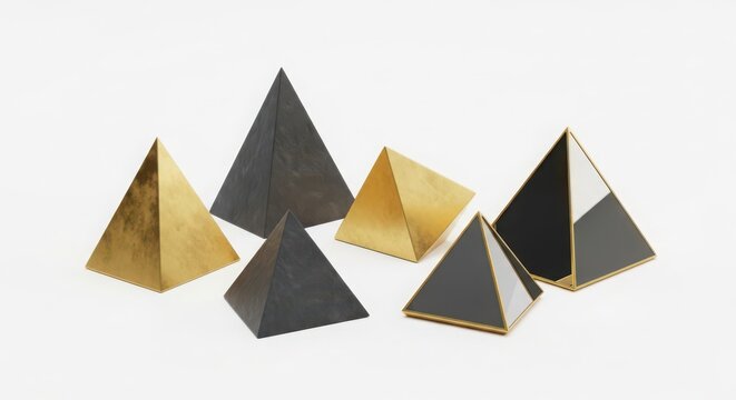 Five geometric pyramids in gold and gray metallic colors