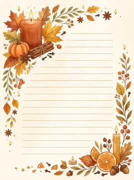 Candle with pumpkin autumn leaves and spices on cozy lined page design