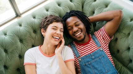 Obraz premium Couple lying together on a tufted green sofa, enjoying a relaxed and laughing moment.