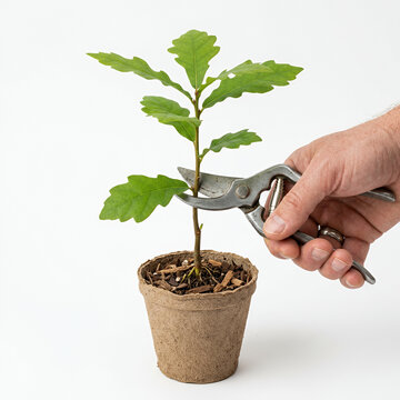 Hand pruning a young oak sapling in a pot with garden shears