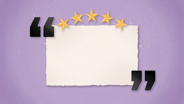 Minimalist testimonial frame with five gold stars, blank paper note for customer reviews, purple background with quote marks
