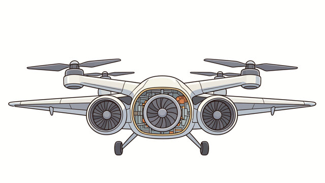 Futuristic Hybrid Drone Aircraft with Propellers and Jet Engines, Detailed Cutaway View