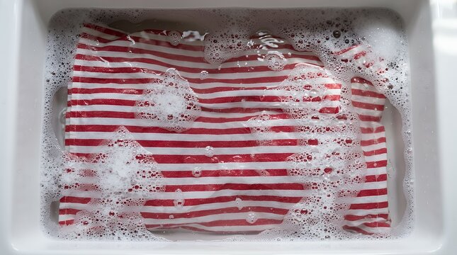 Top View Perspective of Striped Pattern Cloth Immersed in Soapy Water Bubbles fabric textile stripe striped red white water foam soapy bubble soap wet submerged wash laundry wash liquid texture