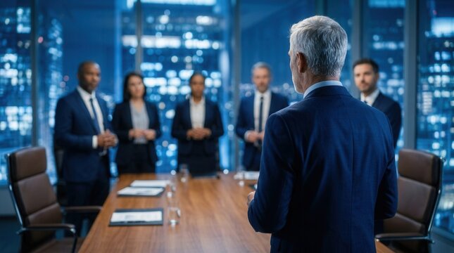 Diverse board members discussing ethical policies, transparency initiatives, and anti-corruption measures during a governance meeting in a sleek conference room.